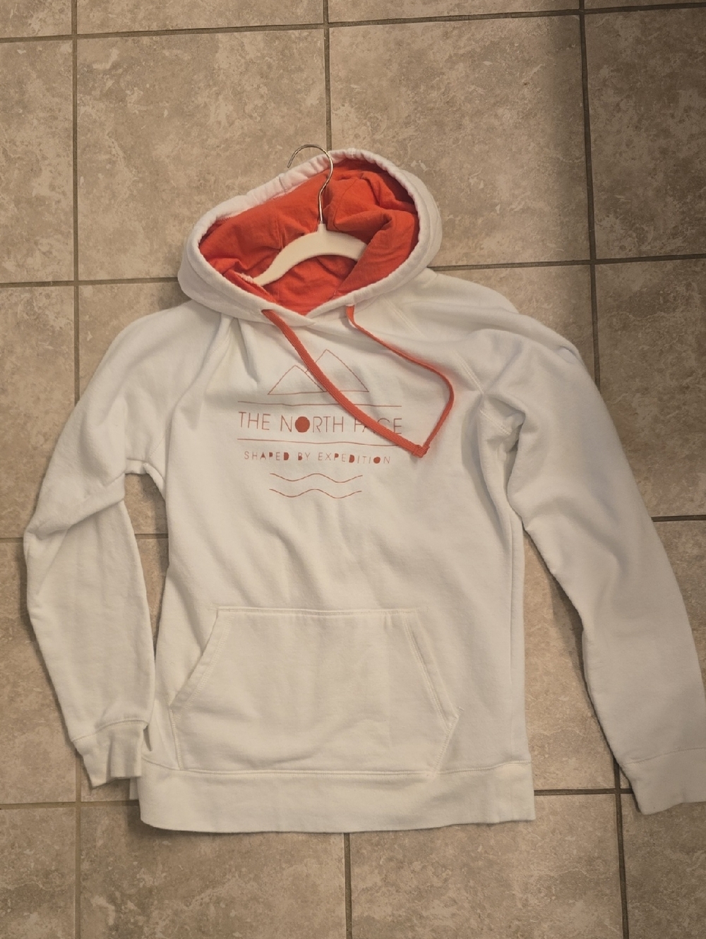 The North Face White Pullover Hoodie with Orange Lined Hood